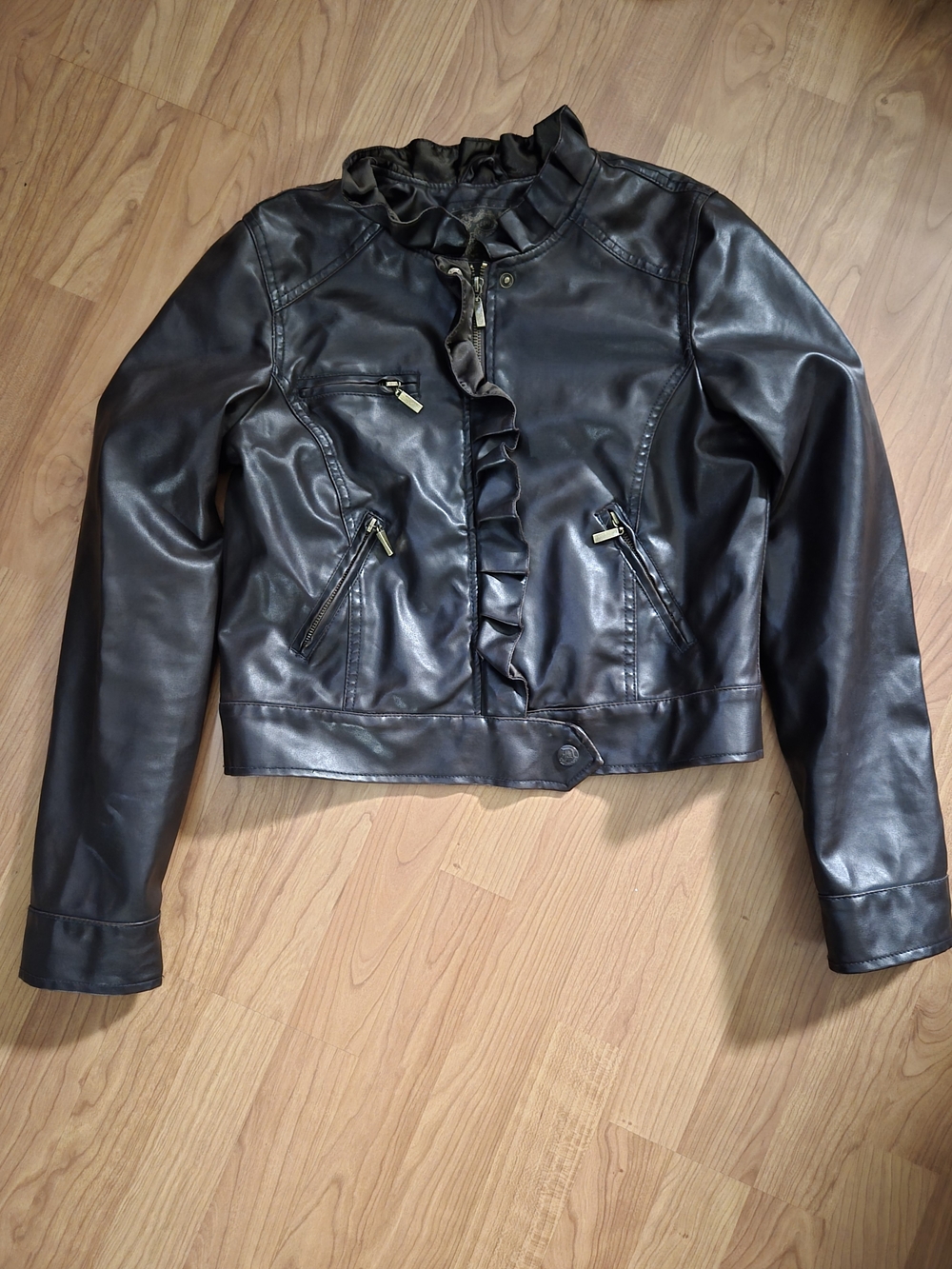 Dollhouse Brown Faux Leather Ruffle-Front Jacket